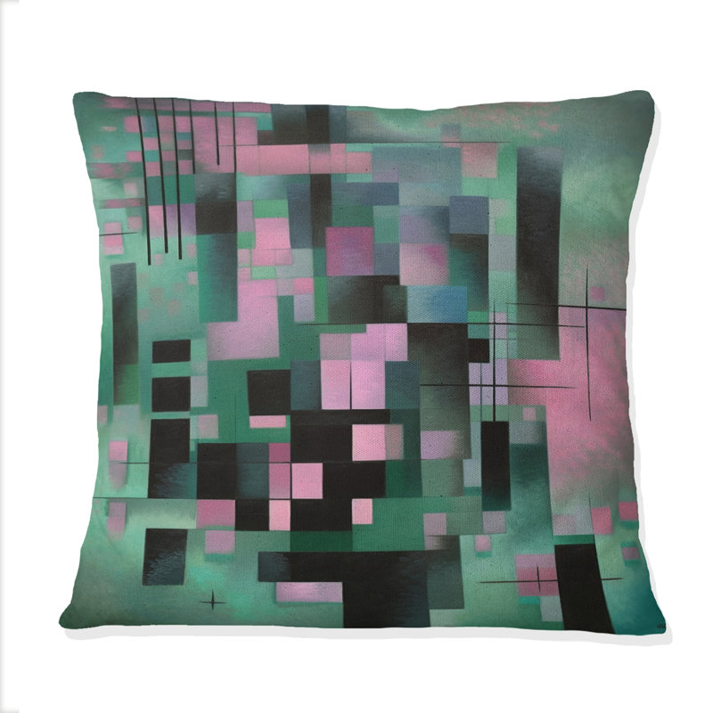 Coussin décoratif rétro à motif géométrique abstrait en vert mystérieux et rose rétro