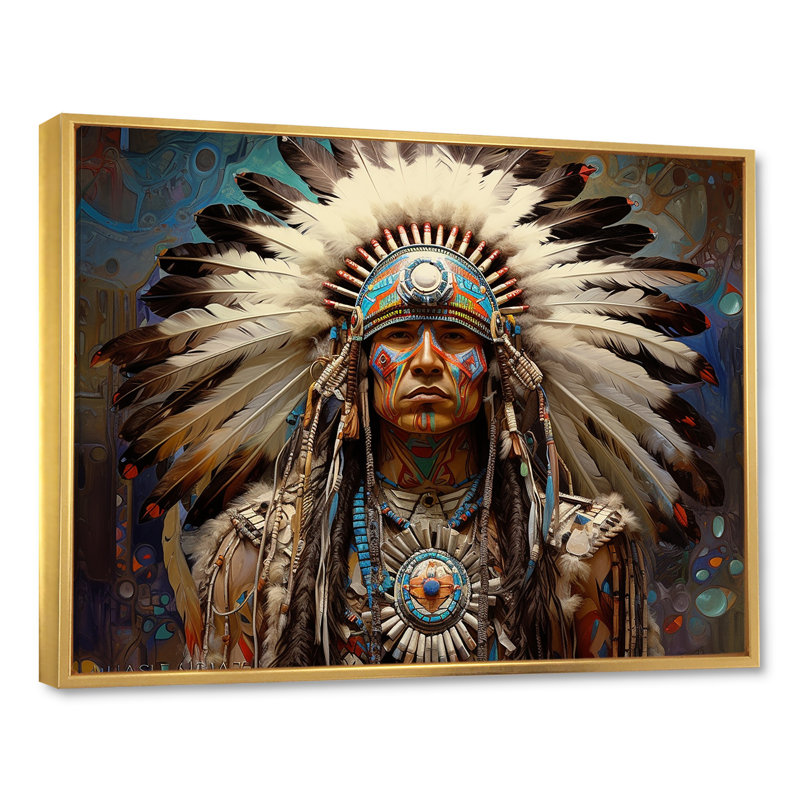 Native Honor Traditional Warrior I - Art amérindien, art mural, Cadre flottant doré, 30" H x 40" W