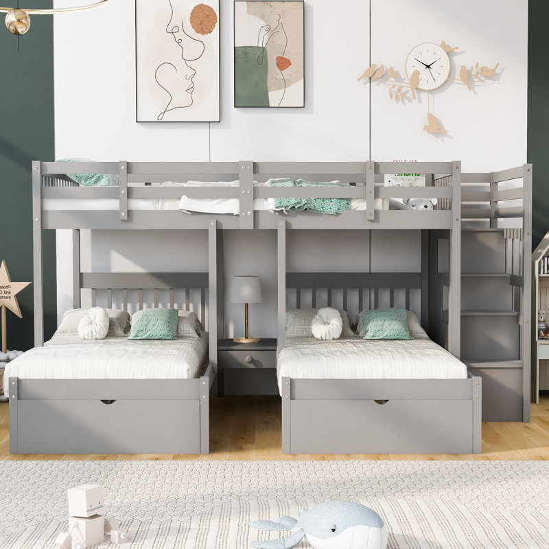 Full Over Twin Over Twin 7 Drawer L-Shaped Bunk Bed with Stairs, Gray