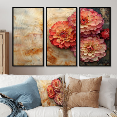 Fleurs de chrysanthèmes sur un plateau en bois diapositive I - art mural chrysanthèmes - ensemble de 3