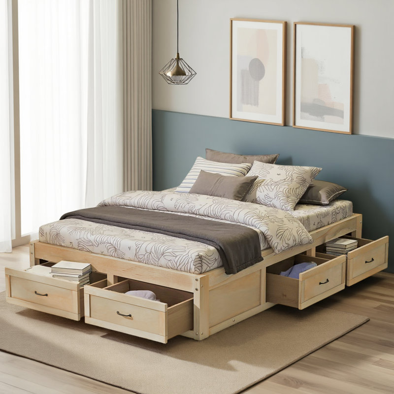  Lit plateforme avec 6 tiroirs de rangement - Conception moderne à profil bas et capacité de 350 lb, Lit double, Brun