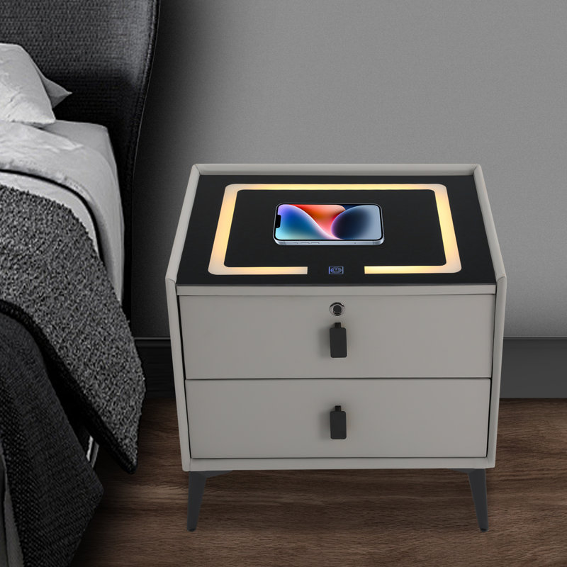Table de chevet intelligente à DEL avec chargement sans fil et haut-parleur Bluetooth, table de chevet à 2 tiroirs avec verrou d'empreinte digitale, l 19,7 po x P 15,8 po x H 18,1 po