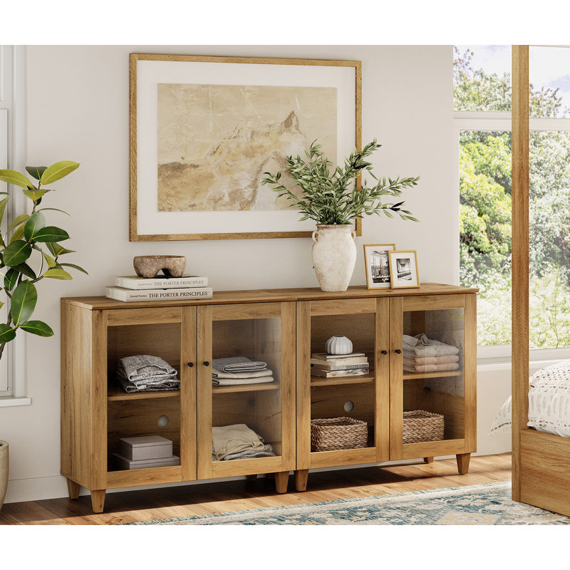 Meuble télé 2 en 1 avec portes en verre, console multimédia avec tablettes réglables et gestion des câbles, Brun chêne