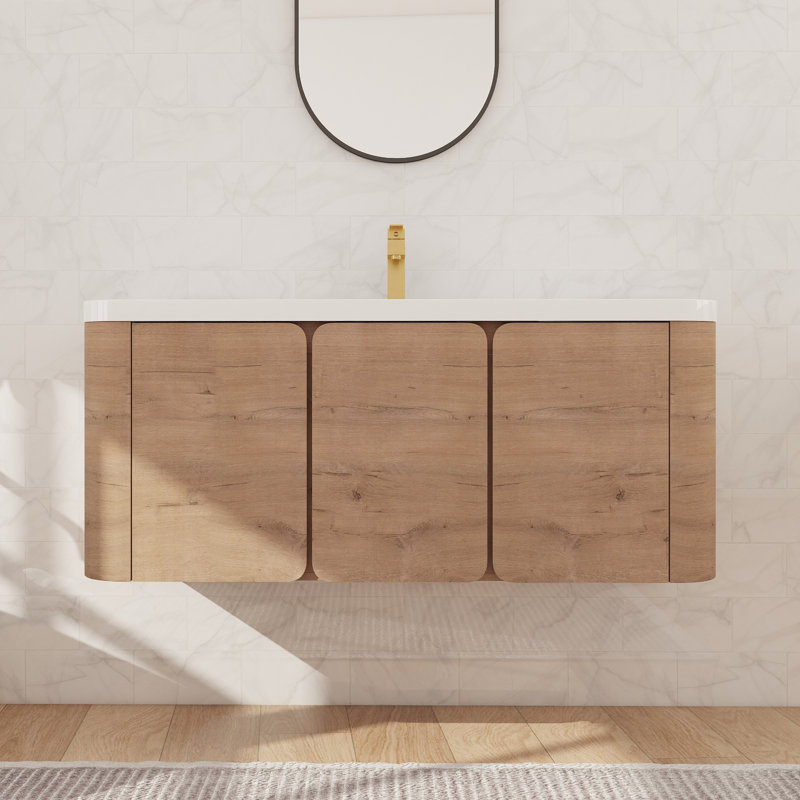 48'' Single Floating Bathroom Vanity with Resin Sink, Wall Mounted Bathroom Vanity with 3 Doors, 48"
