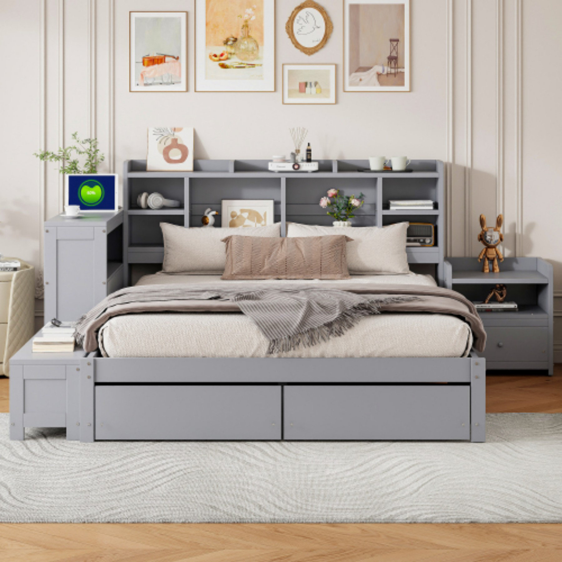 Latitude Run® Full Size Wooden platform bed with Storage Space and ...