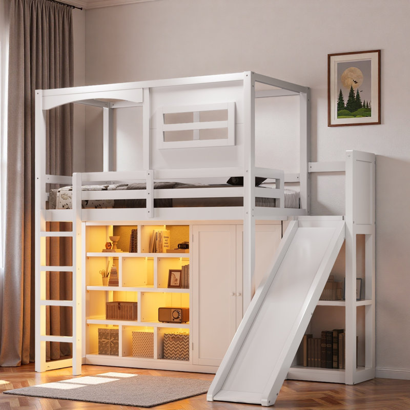 Lit mezzanine en bois avec garde-robe, tablettes de rangement, glissoire et éclairage à DEL