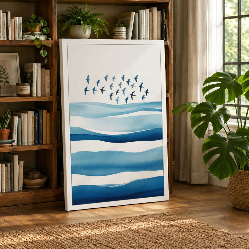 Birds Above Waves Coastal - Wrapped Canvas, 24x16 - 61.0 x 40.6 cm, Sage Border