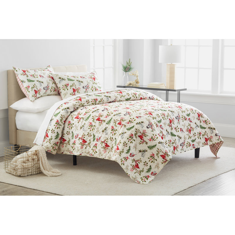 Nature's Holiday Red Cotton Reversible Quilt Set, King Quilt + 2 Shams