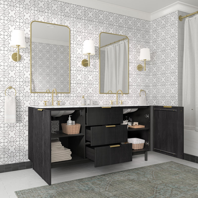 Nova 72" Marble Top Double Sink Vanity, Black Reeded Birch