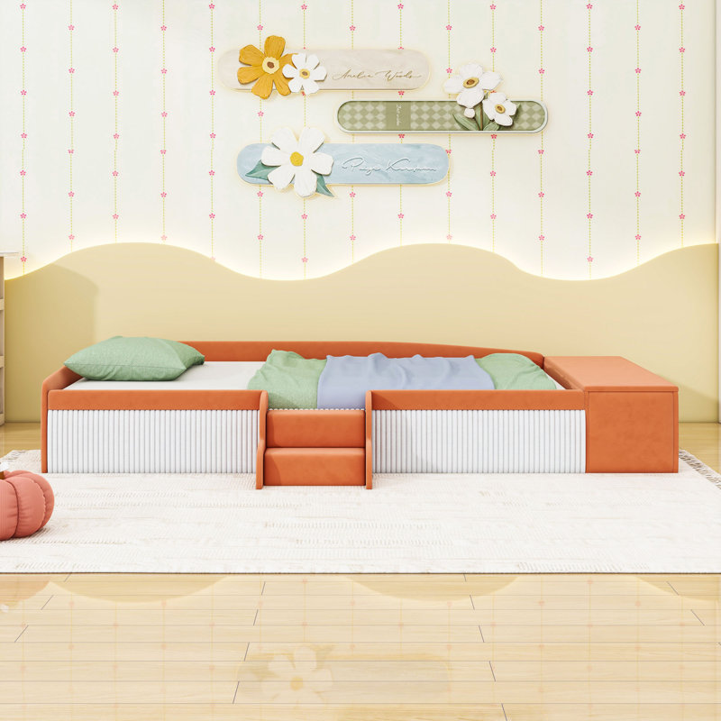 Lit rembourré pour enfant avec rangement et garde-corps, Lit simple, Brun / Blanc