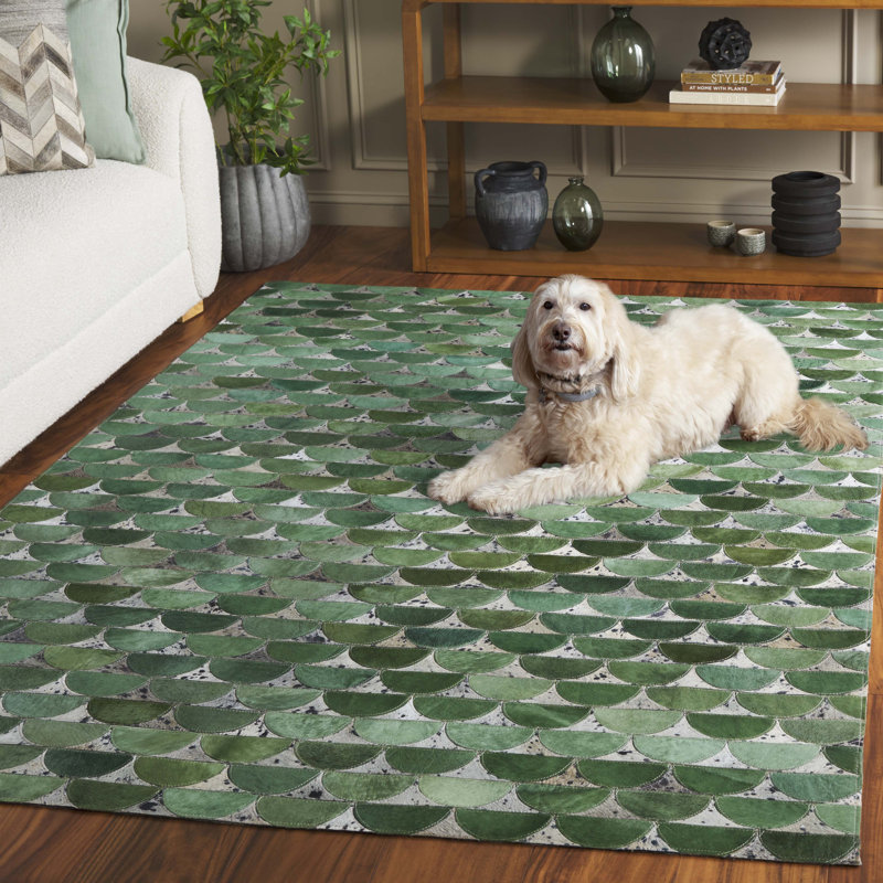 Lekia Hand Woven Leather Geometric Rug, Rectangle 5' x 8'