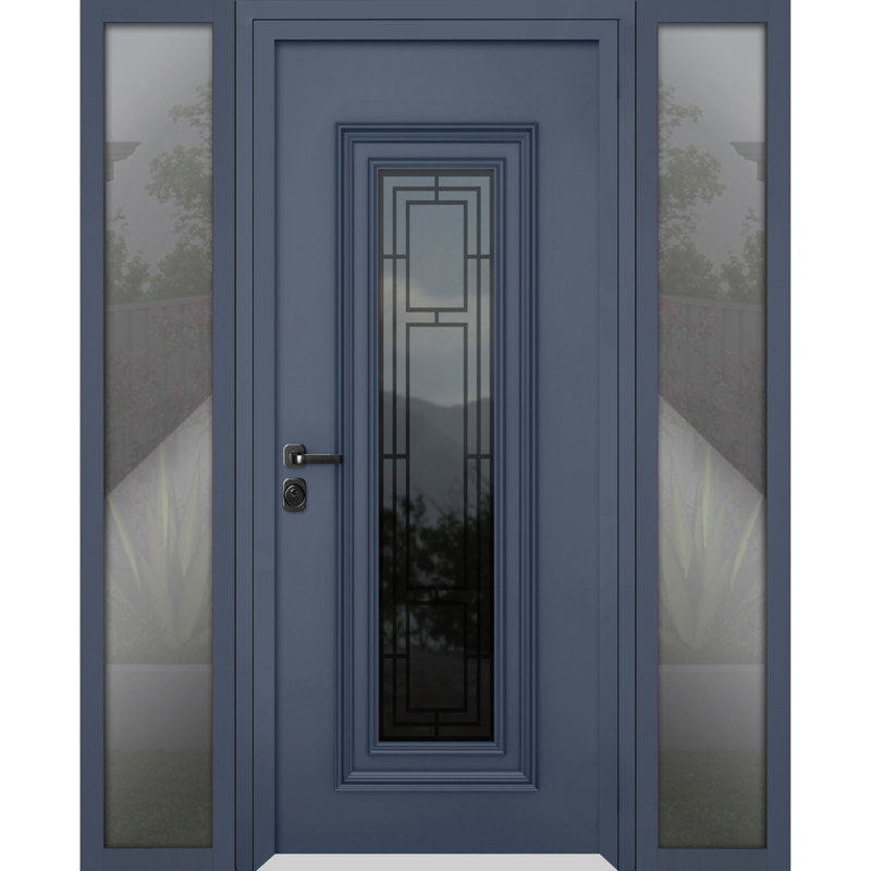 Façade avant en acier pré-suspendue / gris graphite Ballucio 6044/2 fenêtres extérieures latérales / inserts en acier inoxydable simples peints modernes - l 16 + 36 + 16 po x H 80 po - droitier