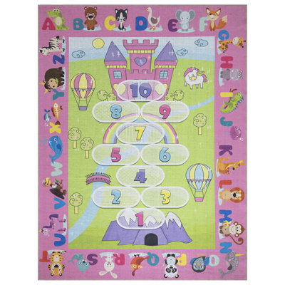 Machine Washable Wrinkle Free Flatweave Princess Hopscotch Cotton Kids Bedroom, Playroom Runner Rug