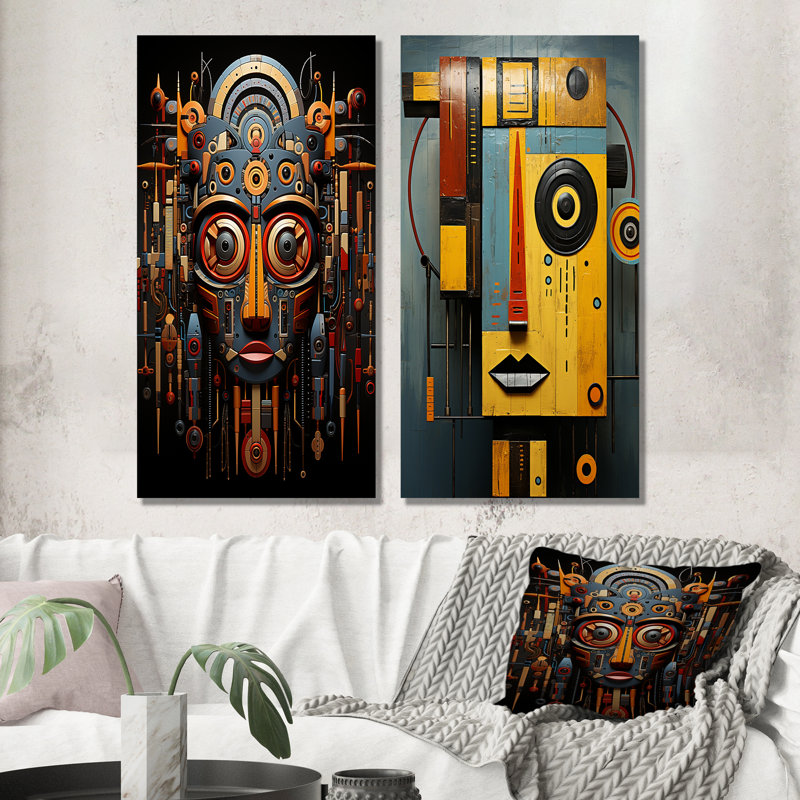 Ensemble de 2 masques jaunes sur toile - masque africain, H 28 po x l 25 po, Toile tendue