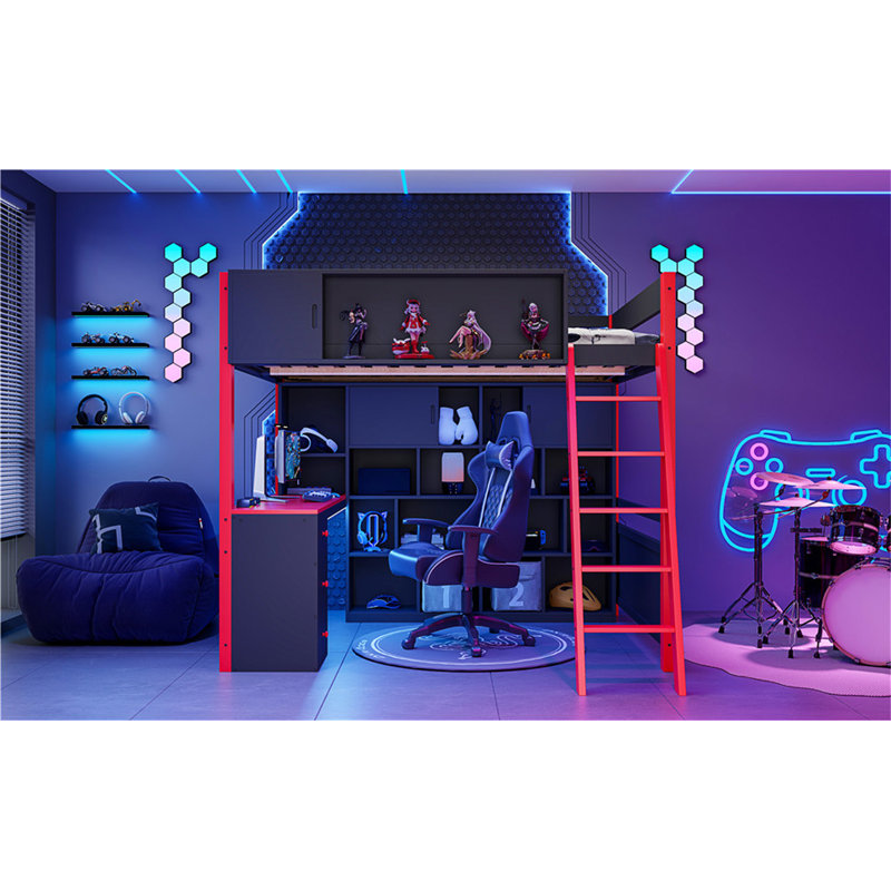Lit mezzanine en bois avec bureau, Rouge