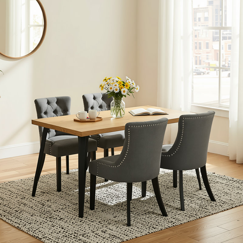 Ensemble de salle à manger rectangulaire 5 pièces avec chaises capitonnées gris anthracite Dameron, Natural
