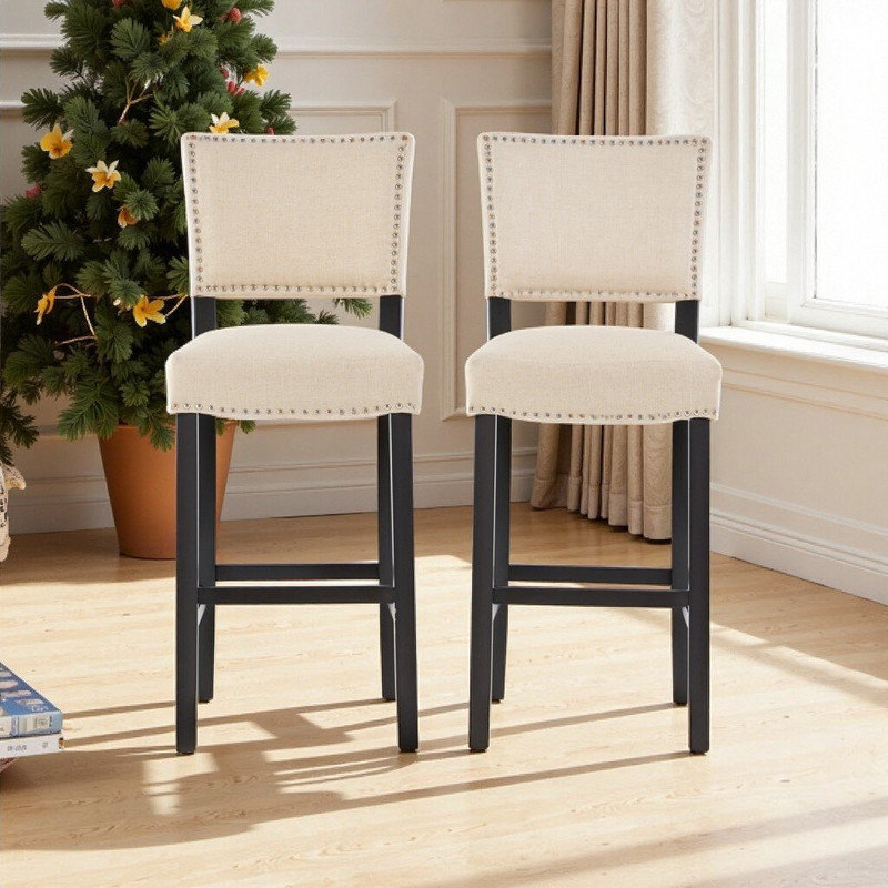 Ensemble de 2 tabourets de bar rembourrés avec structure en bois et coussins en tissu éponge