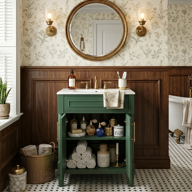 24" Freestanding Bathroom Vanity With Half-Moon Ceramic Sink, Modern Cabinet With 2 Doors And Adjustable Shelf, Green/White/Black