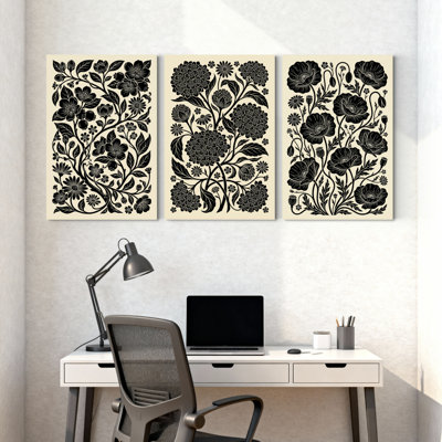 Plantes et fleurs, motif floral noir sur fond crème, ensemble de 3 impressions murales sur toile