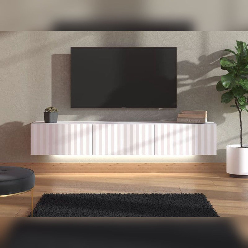Oasis Tv Stand Cabinet Wall Mounted Floating Entertainment Unit Modern With Slat Effect Wide, Black, 192cm x 42cm
