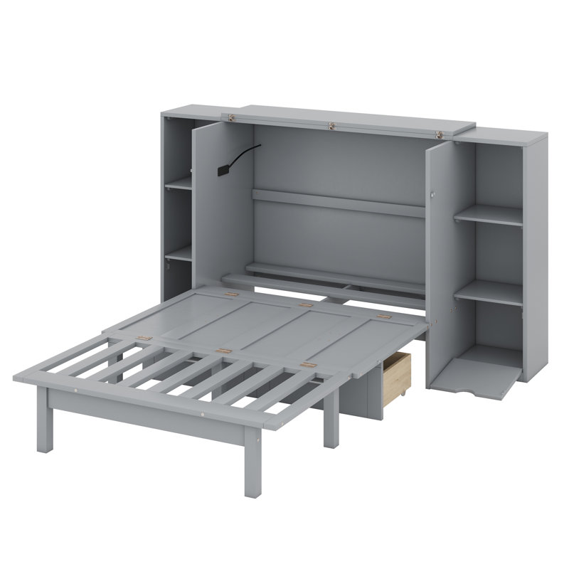 Grand lit escamotable avec tablettes, tiroirs et ports USB, Gris