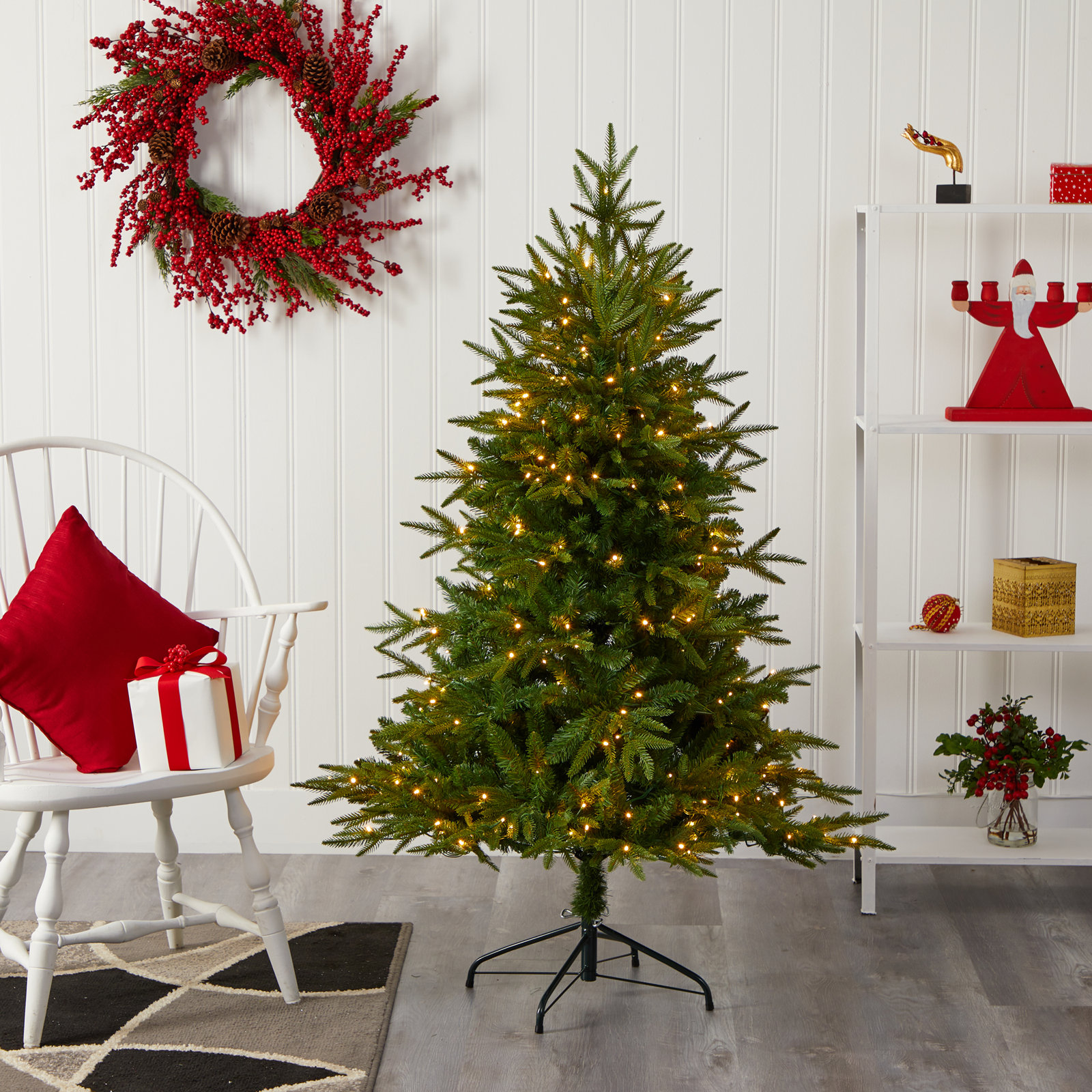Green Lighted Artificial Fir Christmas Tree, 5' H