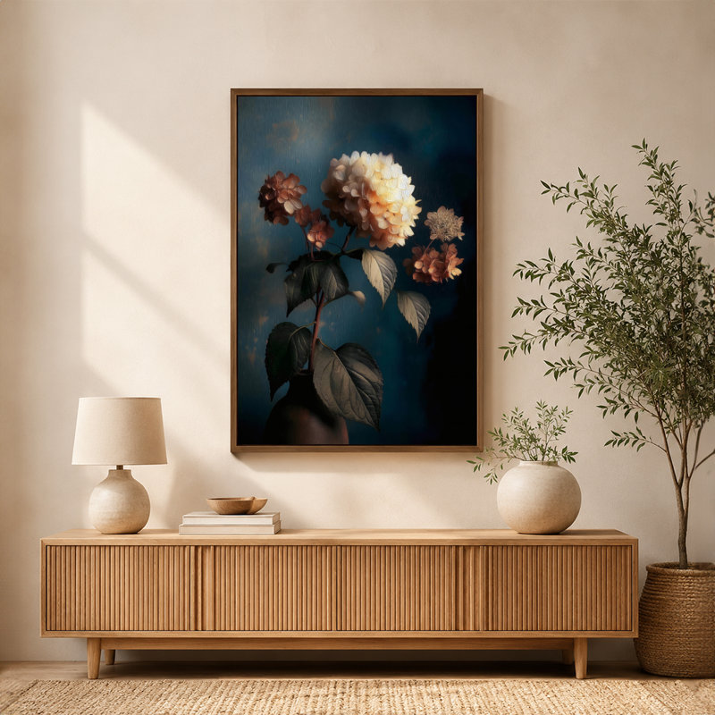 Vase d'hortensia, art mural sur toile avec cadre flottant, prêt à être suspendu, 8x12in, Gold