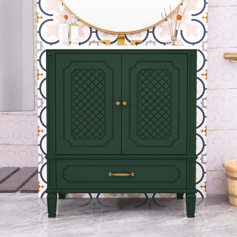 Meuble-lavabo de salle de bain avec lavabo, porte à fermeture douce, tablette réglable et tiroir, Vert foncé