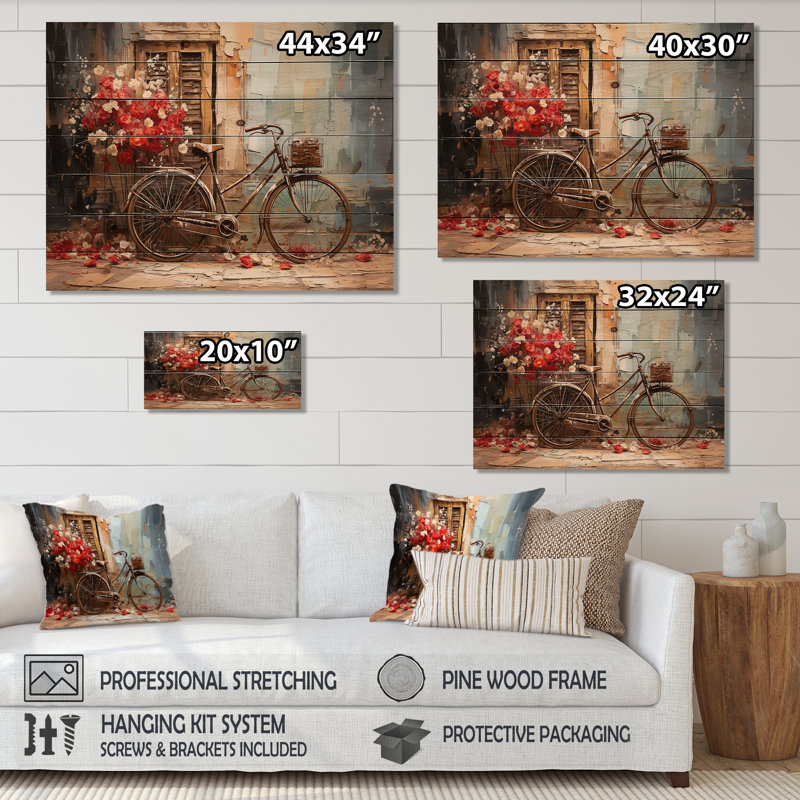 «Crimson Ride Red Flowers - Vélo», art mural sur bois de pin naturel, H 24 po x l 32 po