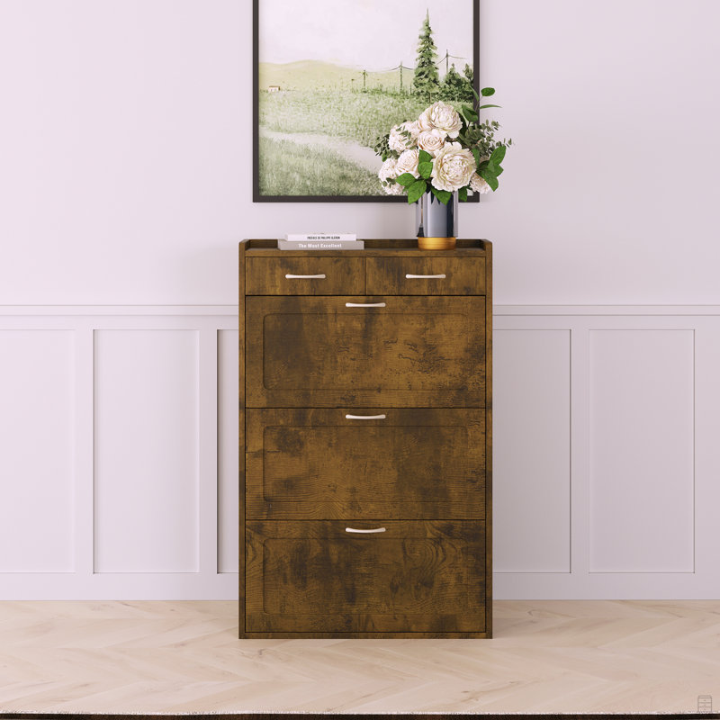 Solid Wood Shoe Cabinet, Three-Layer Flip Bucket Shoe Storage Cabinet, Brown