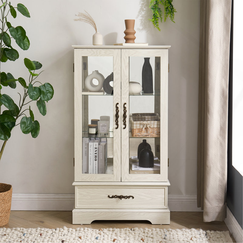 Vitrine lumineuse en verre avec tablettes réglables - Vitrine élégante à 2 portes et tiroir intégré, ampoule incluse - NOIR