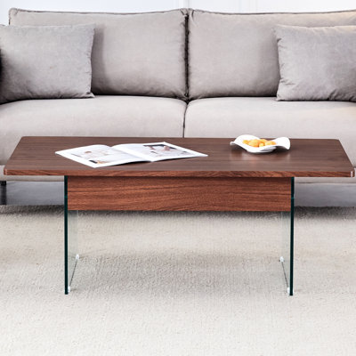 Table basse moderne à grain de bois foncé avec autocollant et pieds relevables