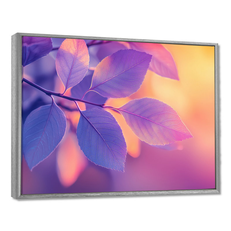 Coucher de soleil sur feuilles II - feuilles, art mural, H 30 po x l 40 po, Argent argent