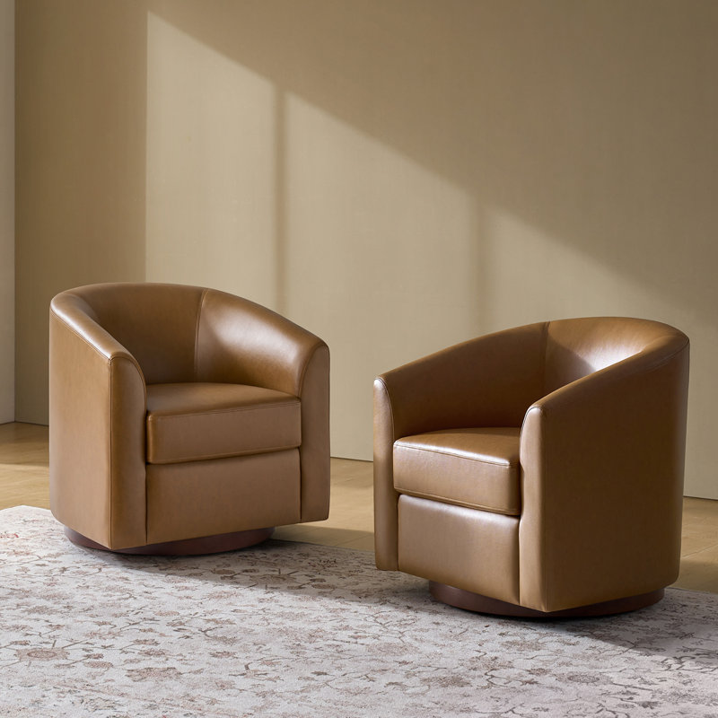 Amiir Morden Vegan Leather Swivel Barrel Chair with Solid Wood Legs (Set Of 2), Camel Faux Leather