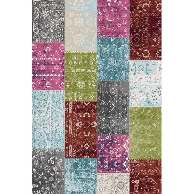 Tapis patchwork rouge / crème / vert, Rectangle 2 pi 7 po x 5 pi