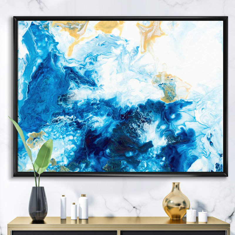 «Blue and Gold Ocean Abstract», reproduction d'art sur toile, H 30 po x l 40 po x 1,5 po, Cadre flottant noir