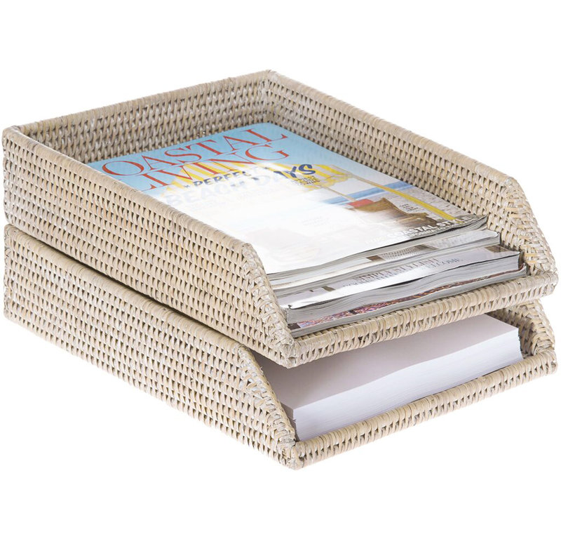 White Wash Lacquered Rattan Stackable Letter Tray Organizer
