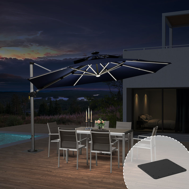 Parasol lumineux de luxe à DEL 12 pi avec base en tôle d'acier Belmiro, Bleu marine