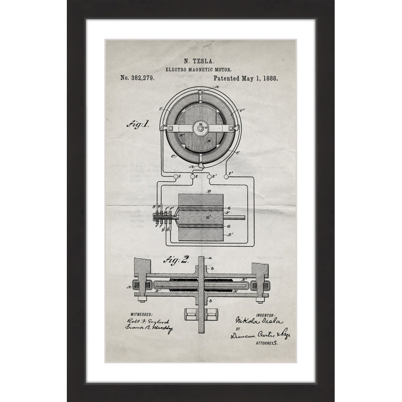 «Tesla Motor 1888 Old Paper», reproduction d'impression encadrée, H 18 po x l 12 po x P 1,5 po