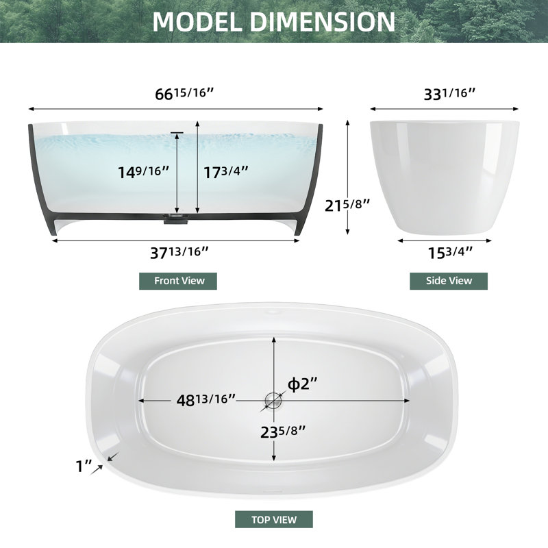 67" × 33"X 22" Freestanding Solid Surface Bathtub With Center Drain In Glossy White