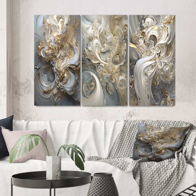«Fractal Whirl In Retro Gold And White I», 3 pièces, Toile tendue, H 32 po x l 48 po