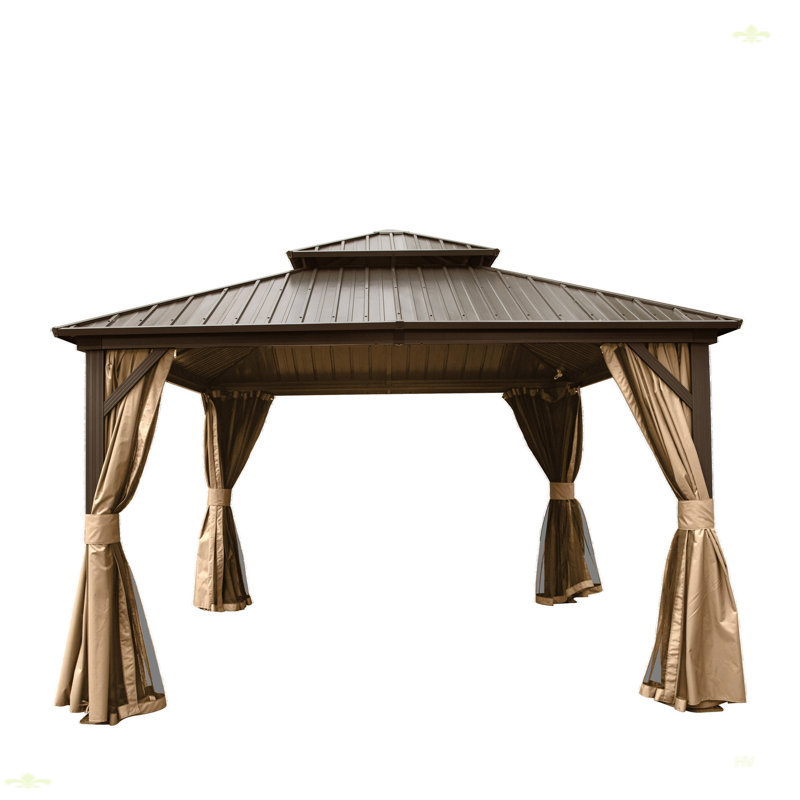 Aluminum Metal Gazebo With Galvanized Steel Double Roof Canopy, Brown