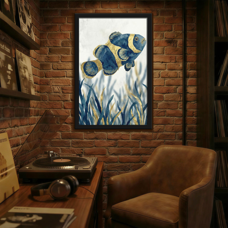 Animaux, poisson bleu et doré avec motif d'algues, H 24 po x l 16 po