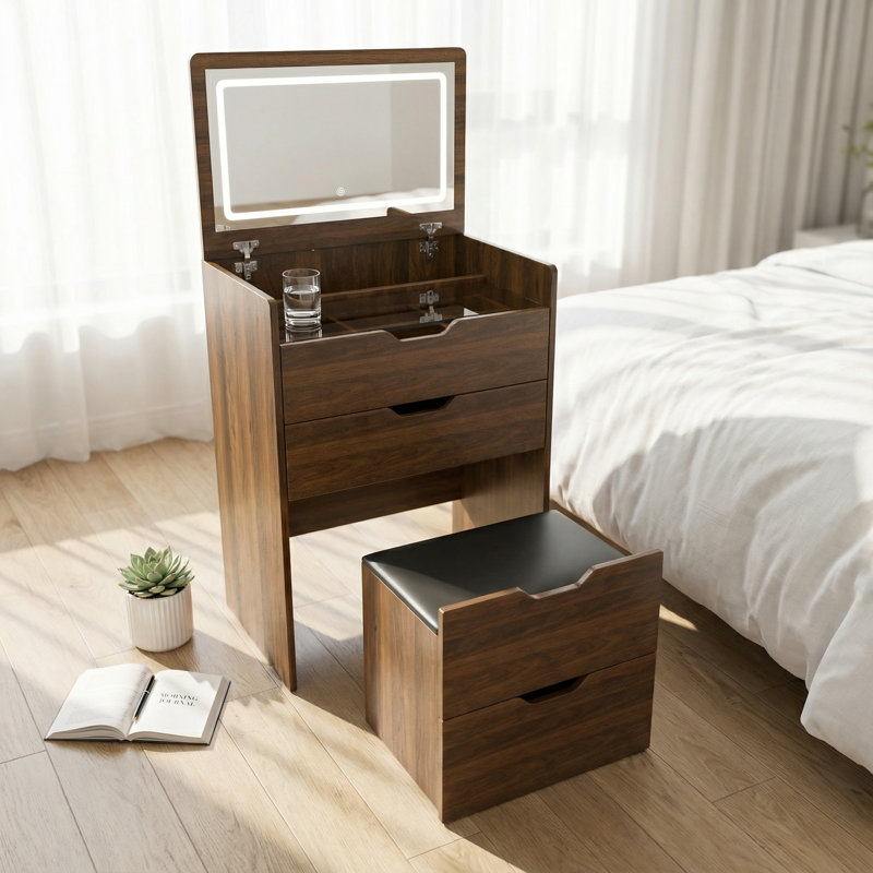 Meuble-lavabo multifonctionnel 3-en-1 avec miroir à DEL intégré et tabouret de rangement - Conception à couvercle rabattable peu encombrant, parfaite pour les chambres à coucher, les salles de bain et les vestiaires