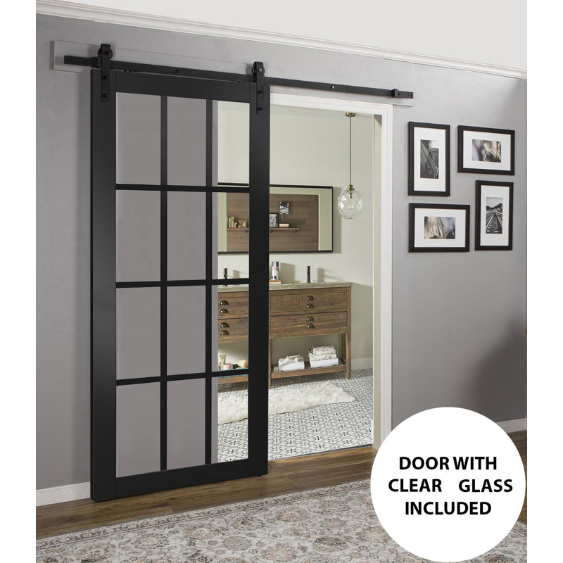 Porte de grange robuste Felicia 3355 Noir mat avec vitrage transparent, rail de 2 m, quincaillerie renforcée, panneaux intérieurs pleins - 61 x 203 cm - Rail noir