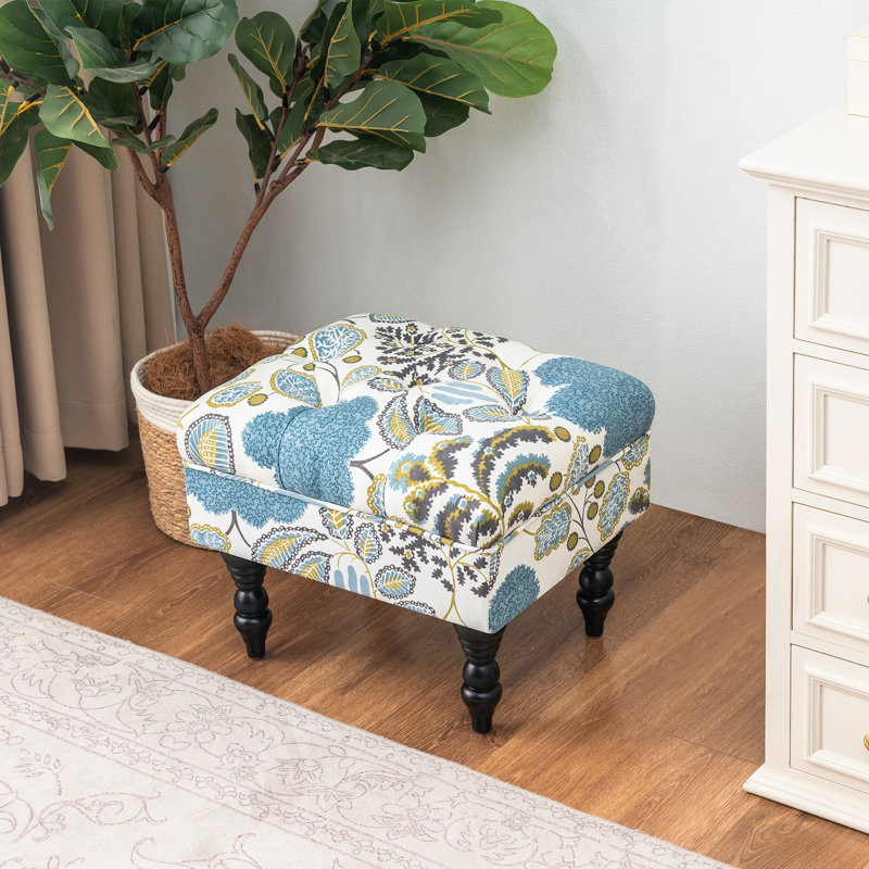 Cauley Upholstered Ottoman, Blue Floral 100% Linen