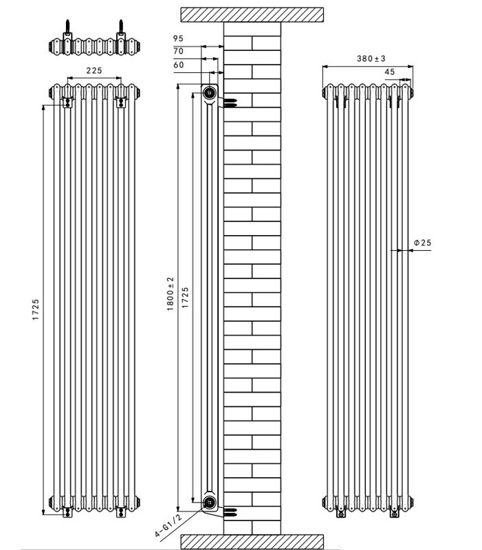 Valda Vertical Traditional 2 Column Designer Radiator, 180cm H x 38cm W, White