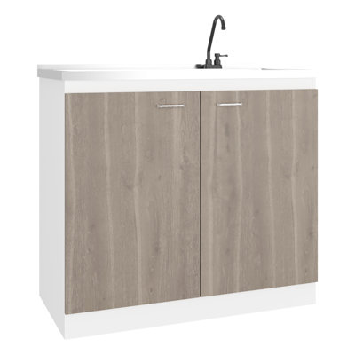 Évier utilitaire avec robinet intégré et comptoir en acier inoxydable, meuble sur pied à deux portes et étagères, idéal pour la cuisine et le garage, montage facile, rangement intérieur, profondeur de 53,5 cm (21,05 po).