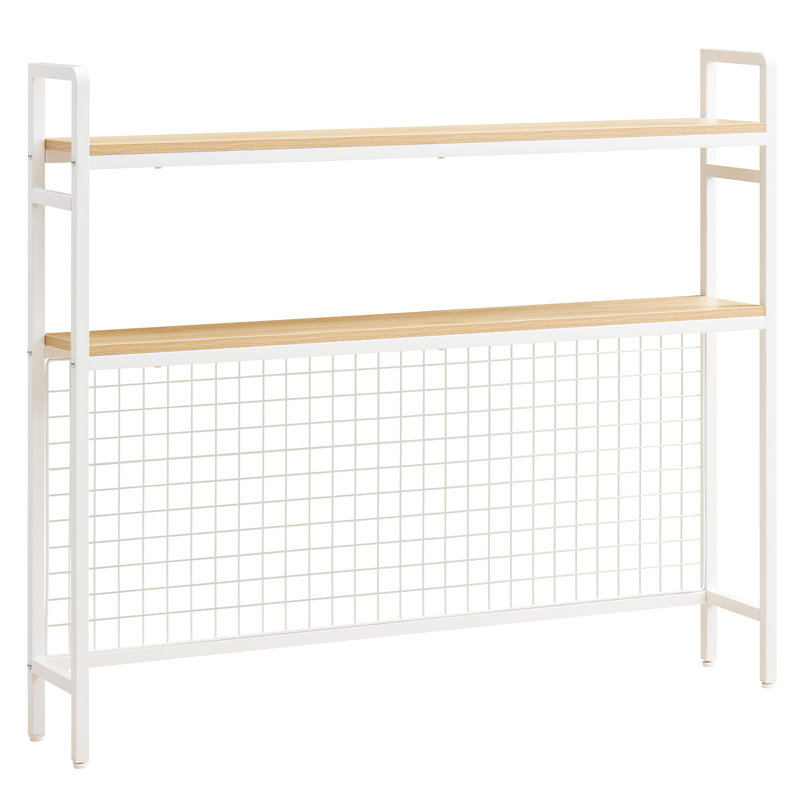 Desktop Bookshelf 3-Tier Countertop Storage Hutch with Grid White, Metal Frame and Wooden Shelf, Desk Hutch Storage Organizer for Dorm, Home, Office, Featuring Non-Slip Feet Pads