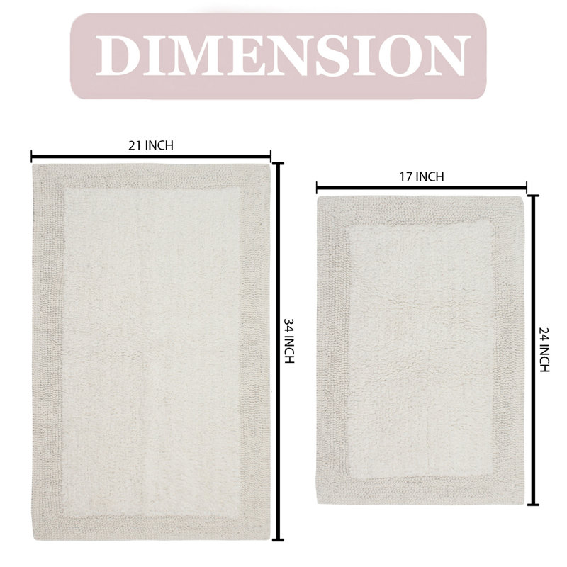 Luxury Collection 100% Cotton Reversible Bath Rug, Ivory, 2PC Set (21"x34", 17"x24")